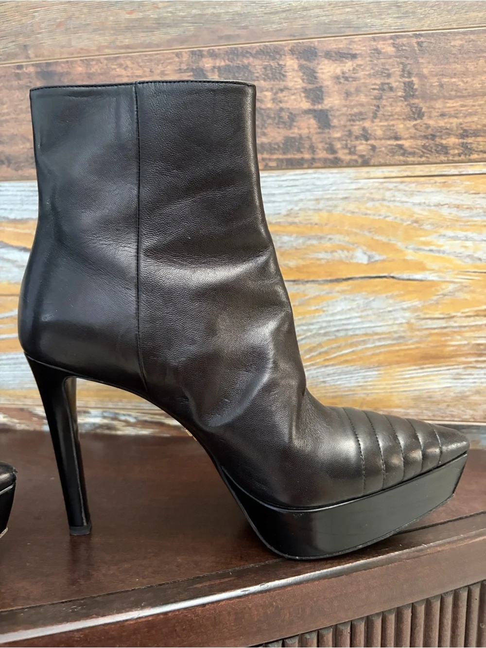 Prada Black Leather Quilted Pointed Platform Ankle Boots